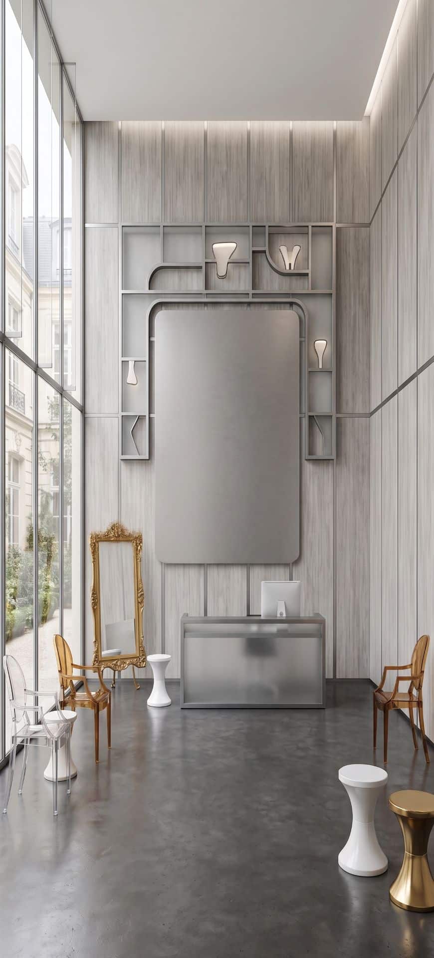 revestimento mineral 3d wood concrete board light grey instalado em módulos com vãos aparentes em recepção