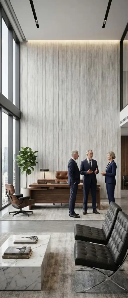 revestimento mineral 3d wood concrete board medium grey aplicado em parede de sala de reuniões em escritório corporativo
