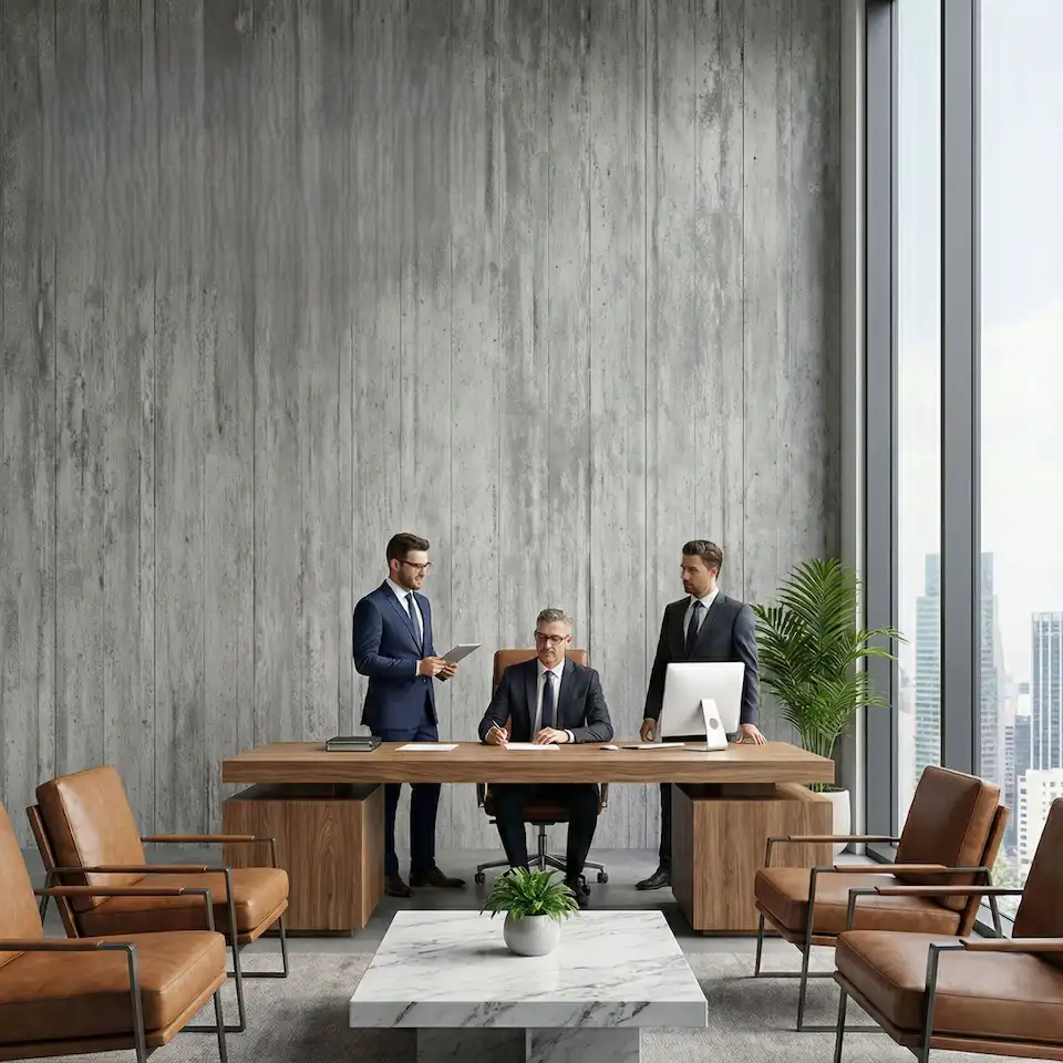 revestimento mineral 3d wood concrete board medium grey aplicado em parede de escritório corporativo