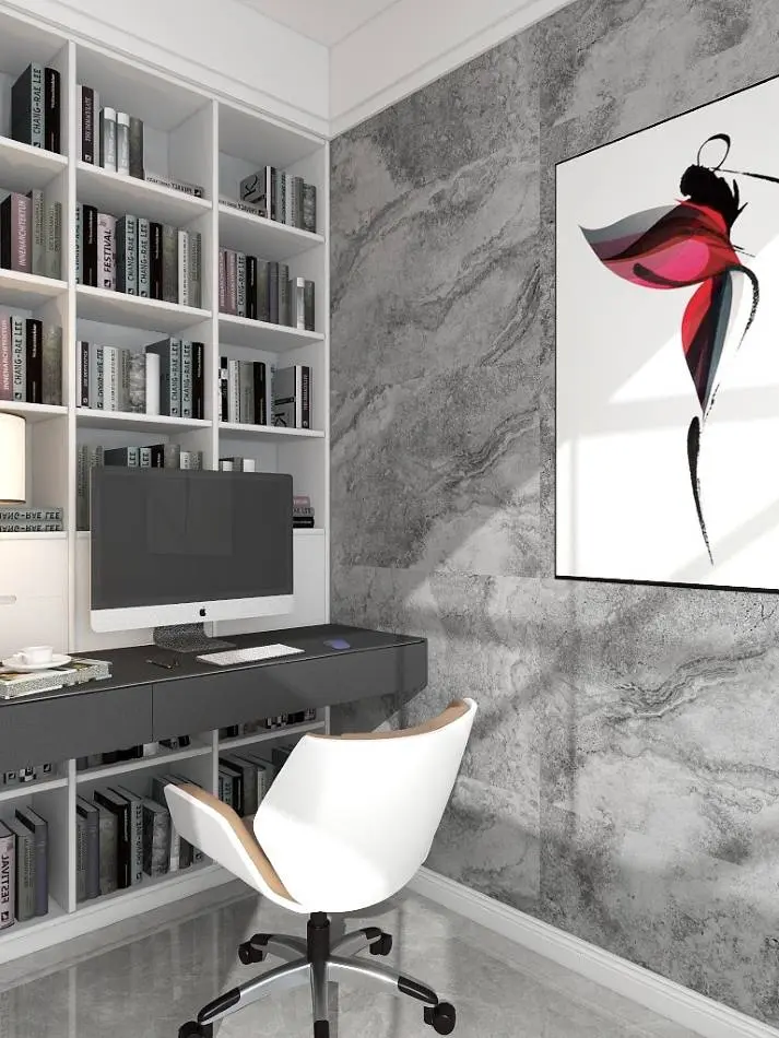 revestimento mineral dolomitic travertine dark grey aplicado em escritorio particular