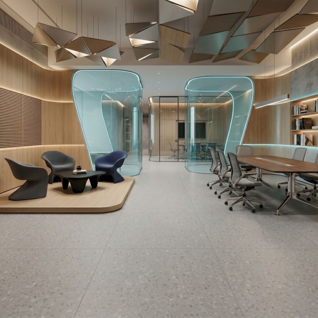 piso vinilico instalado em recepção corporativa linha Graniglia da amba floors