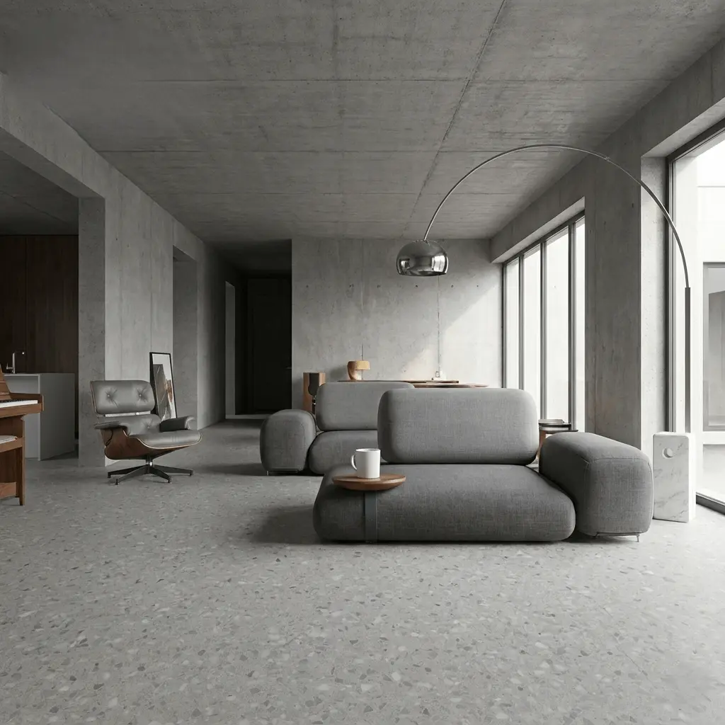 piso vinilico instalado em living alto padrão, linha Graniglia da amba floors