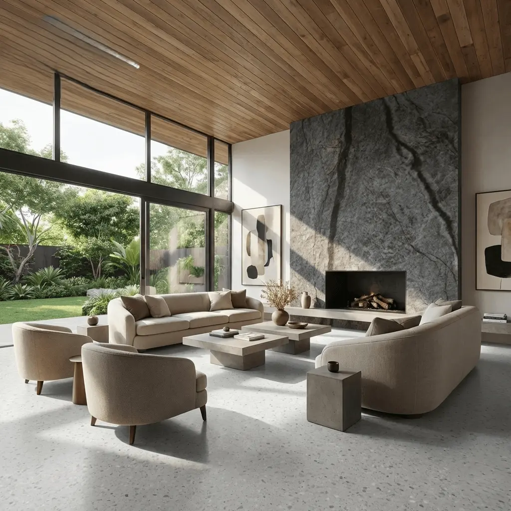 revestimento de parede mineral italian ash amba em sala residencial com lareira, teto ripado de madeira e piso granilite