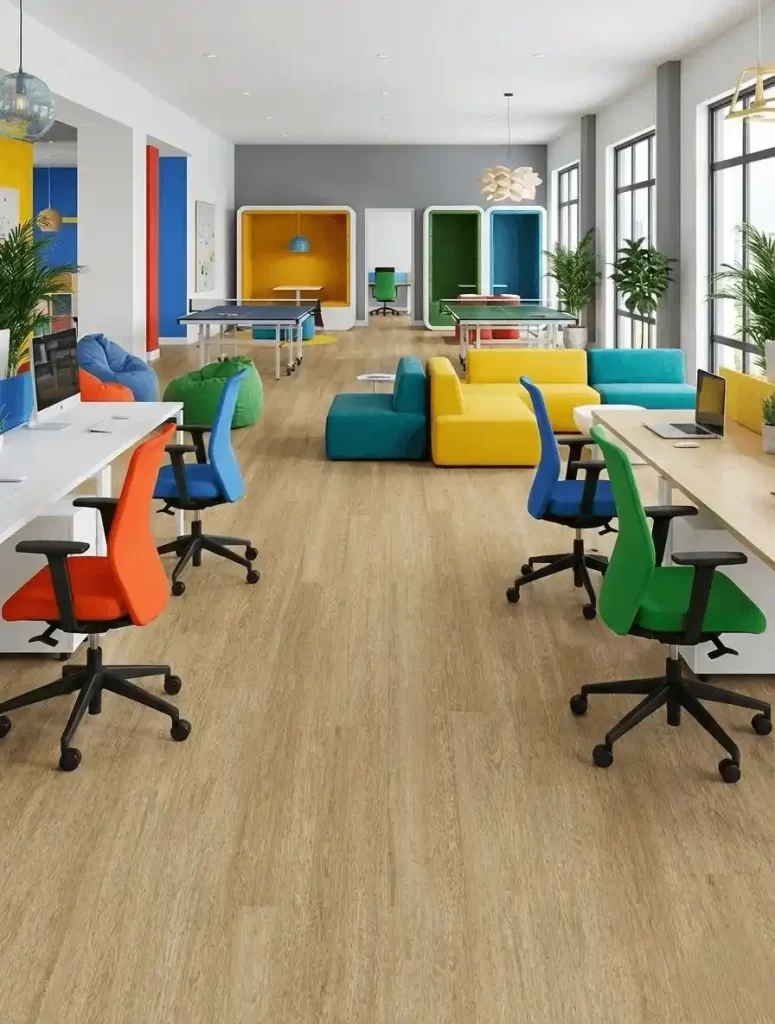 Escritorio corporativo moderno com piso vinilico madeirado bosco marrone