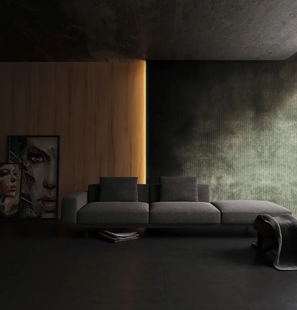 revestimento mineral roman pillar cement  grey aplicado em parede de living em ambiente residencial