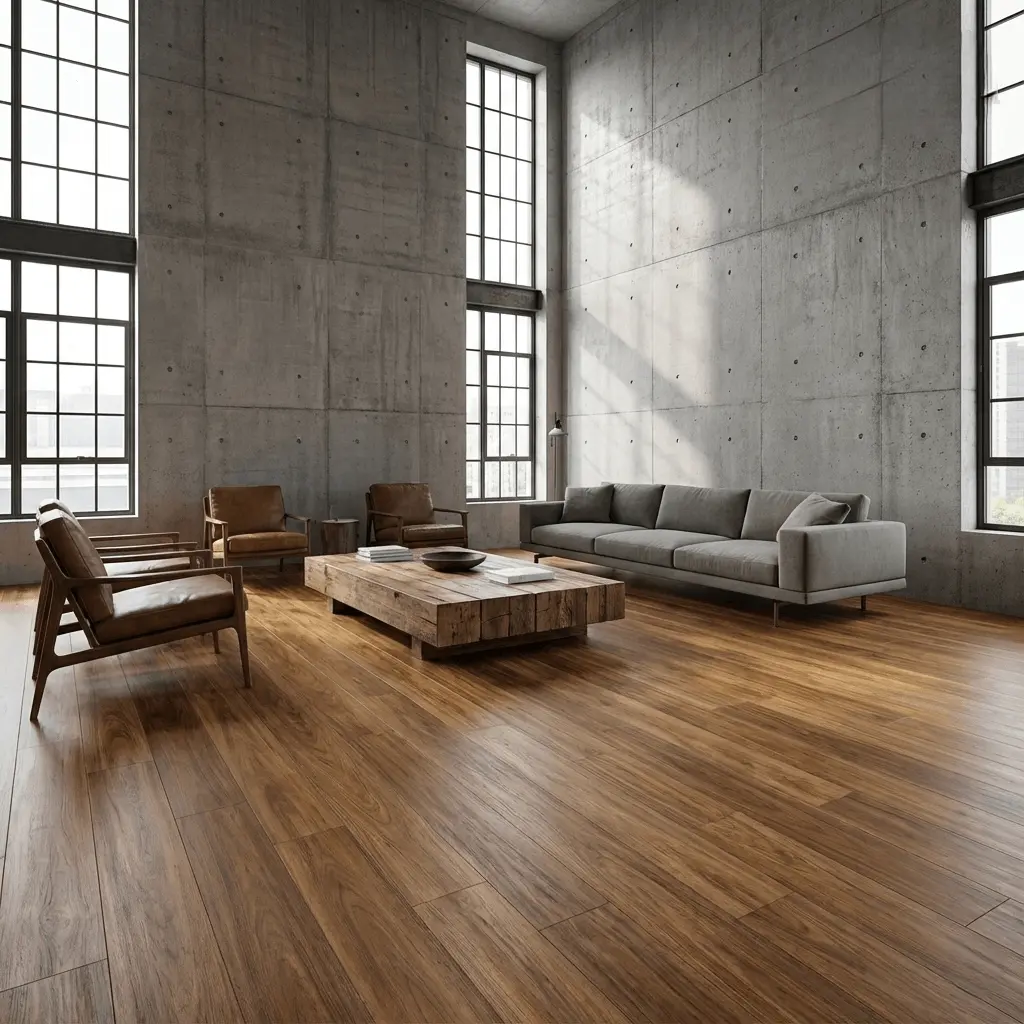 LVT Amba Floors — coleção Toscana, padrão Pisa — ambiente corporativo com pé-direito duplo.