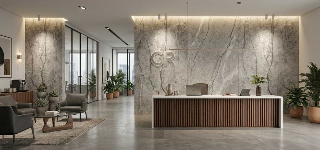 revestimento mineral italian ash mountain caslan aplicado em paredes de recepção de escritorio corporativ