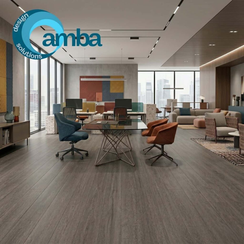 Escritorio corporativo moderno com piso vinilico madeirado bosco grigio antracite