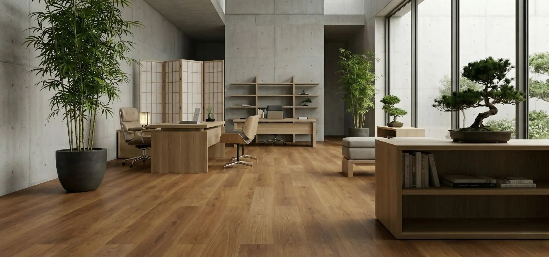 piso lvt amba floors em escritório moderno com arquitetura minimalista, concreto aparente e elementos orientais