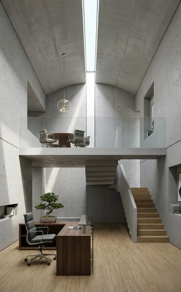 Escritorio corporativo moderno com piso vinilico madeirado bosco marrone